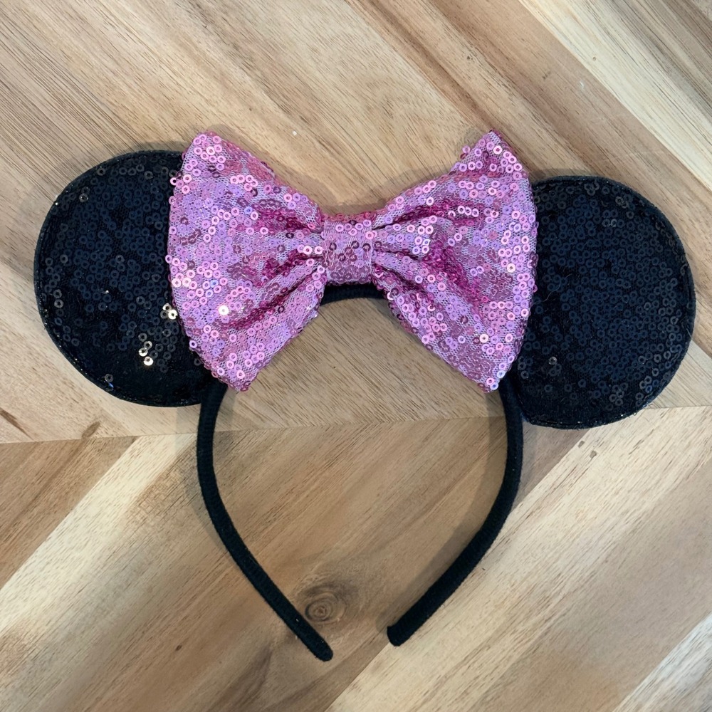 Disney Minnie Mouse Sequin Ears Headband Pink Bow Black Sequins Parks Accessory